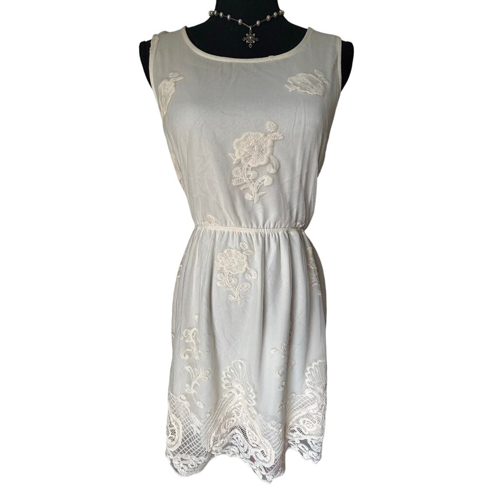Francesca’s Blu Pepper Ivory Embroidered Sheer Overlay Sun Dress